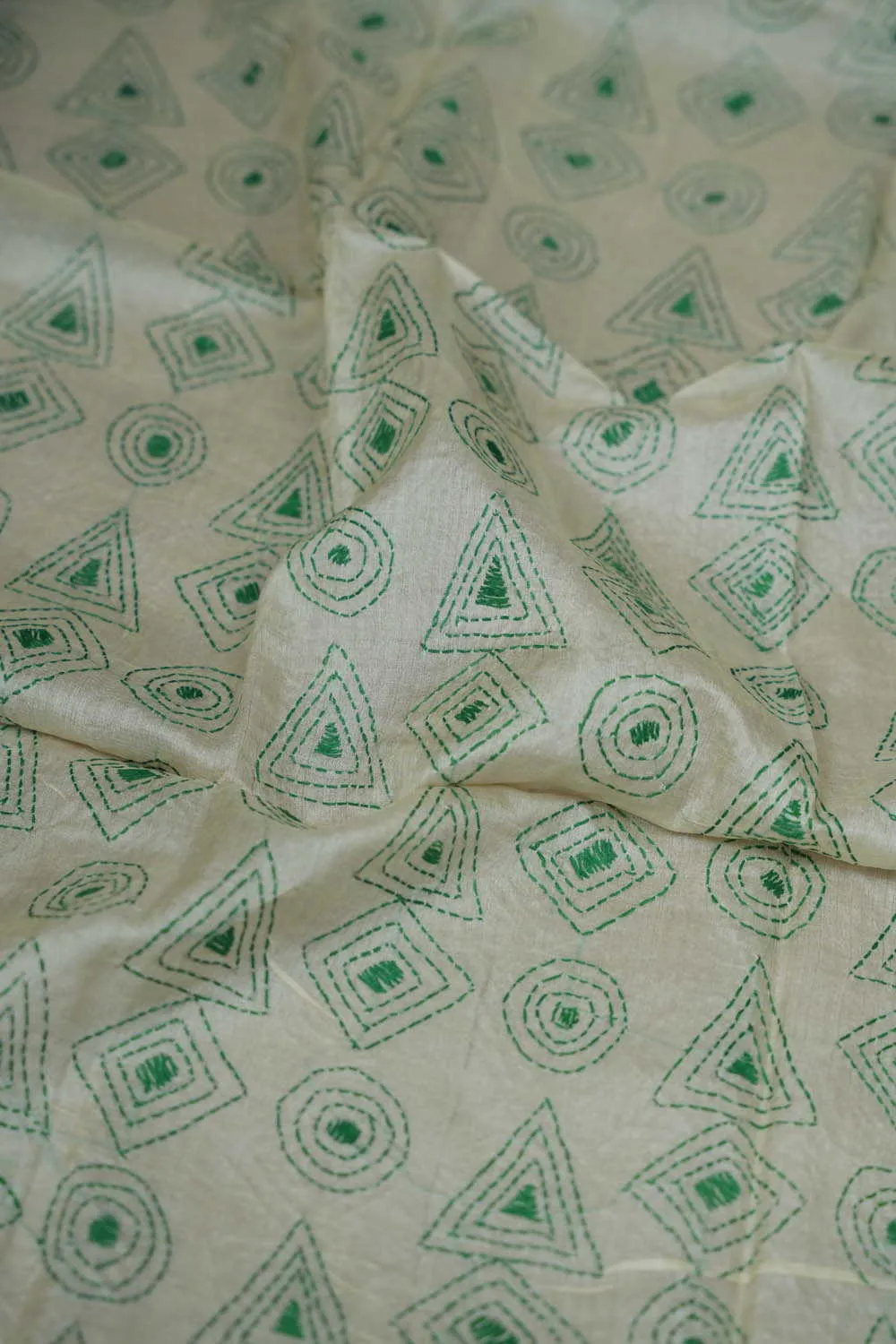 Green Patterns on Cream Kantha Silk Blouse