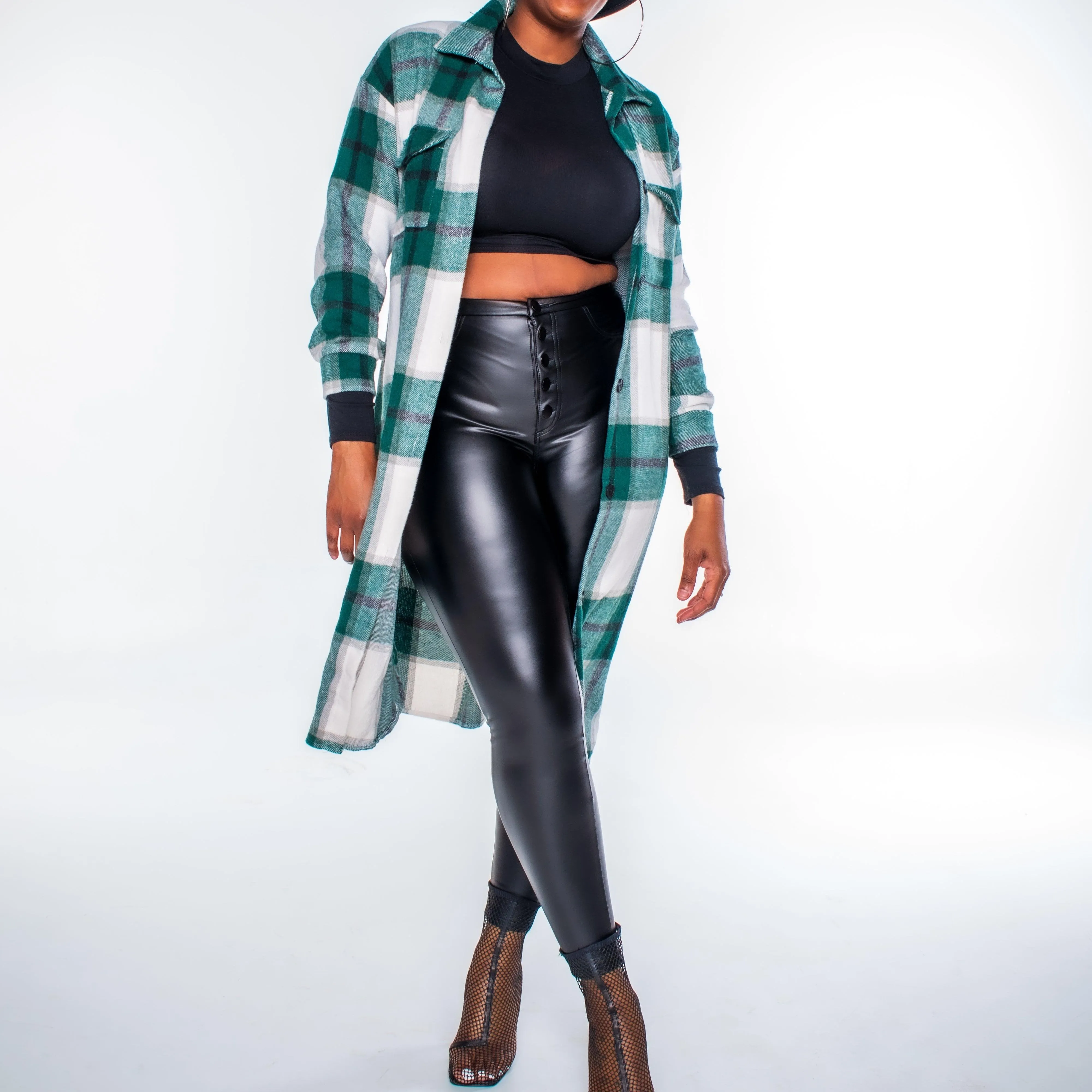 Green Plaid Long Sleeve Shirt Jacket (Shacket)