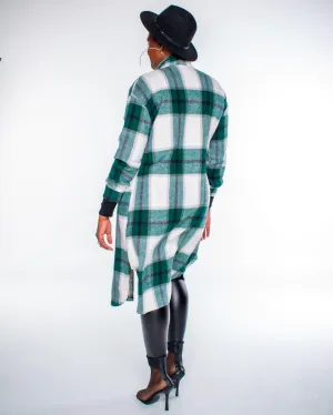 Green Plaid Long Sleeve Shirt Jacket (Shacket)