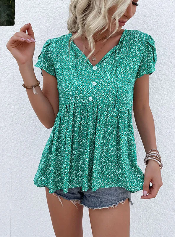 Green Printed Short Sleeve Casual Top