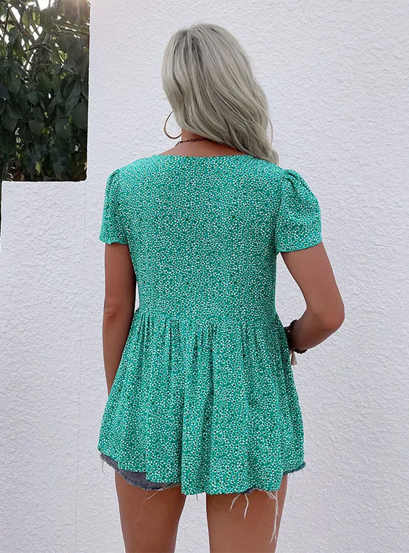 Green Printed Short Sleeve Casual Top