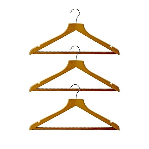 H & L Russel Set of 3 Shaped Clothes Hanger with Non-Slip Bar & Skirt Notches, Wood Beige, 40x20x14 cm