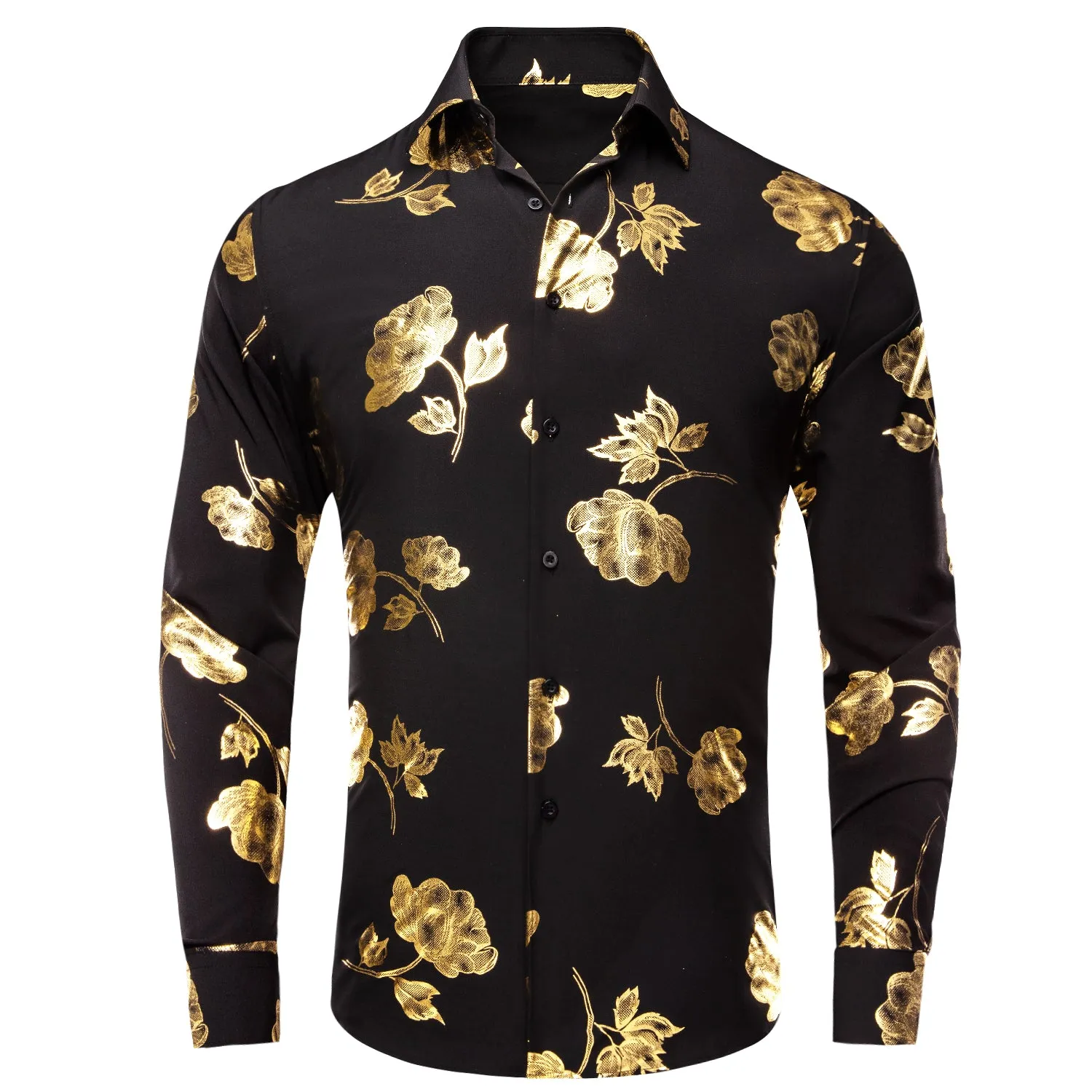 Hi-Tie Black Shirt Gold Floral Silk Men's Long Sleeve Shirt