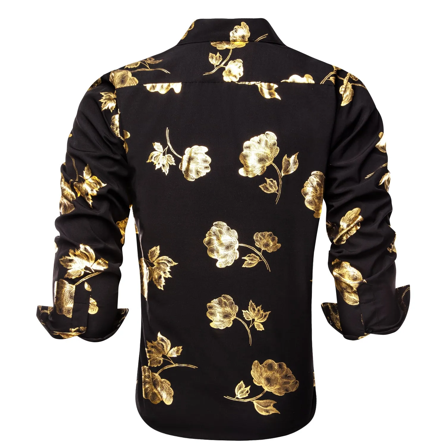 Hi-Tie Black Shirt Gold Floral Silk Men's Long Sleeve Shirt