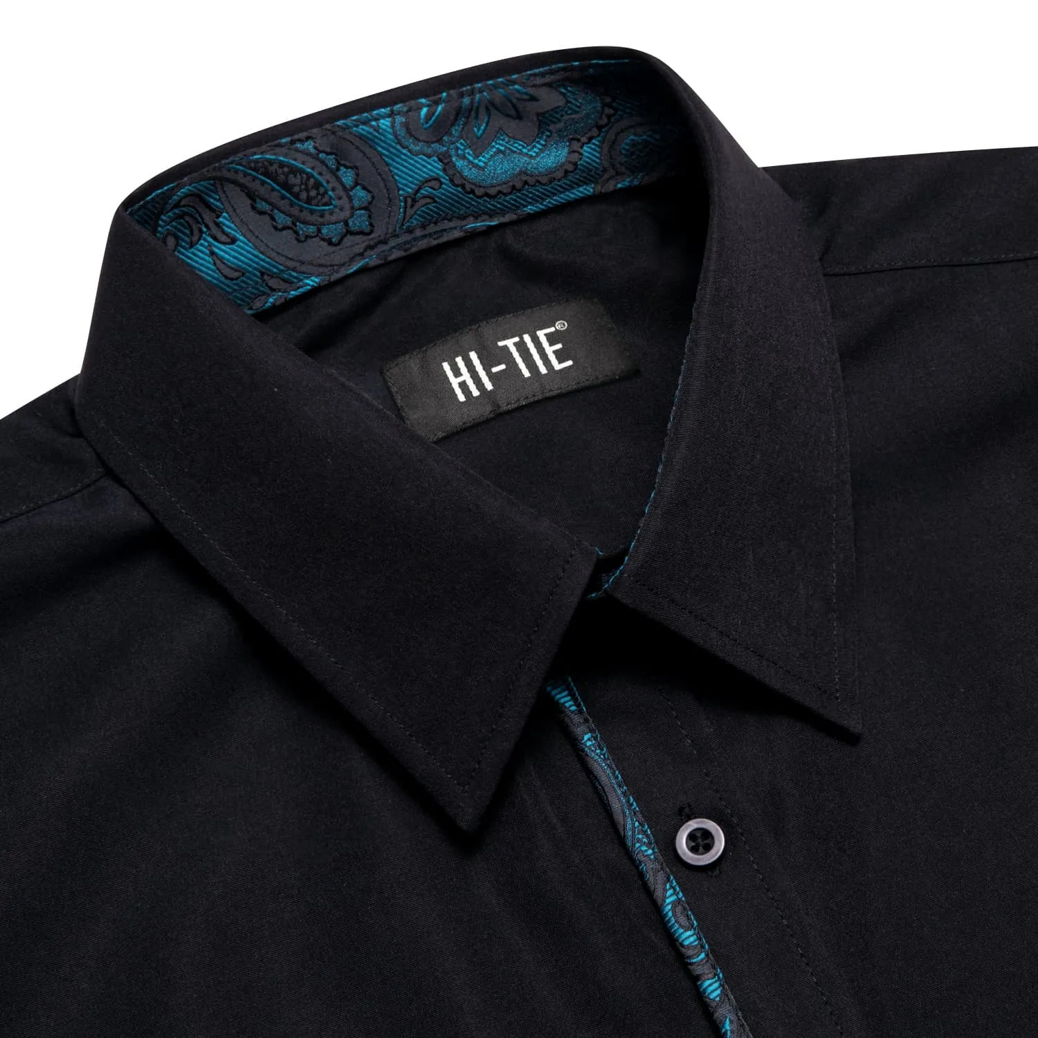 Hi-Tie Black Shirt with Teal Jacquard Collar Solid Shirt