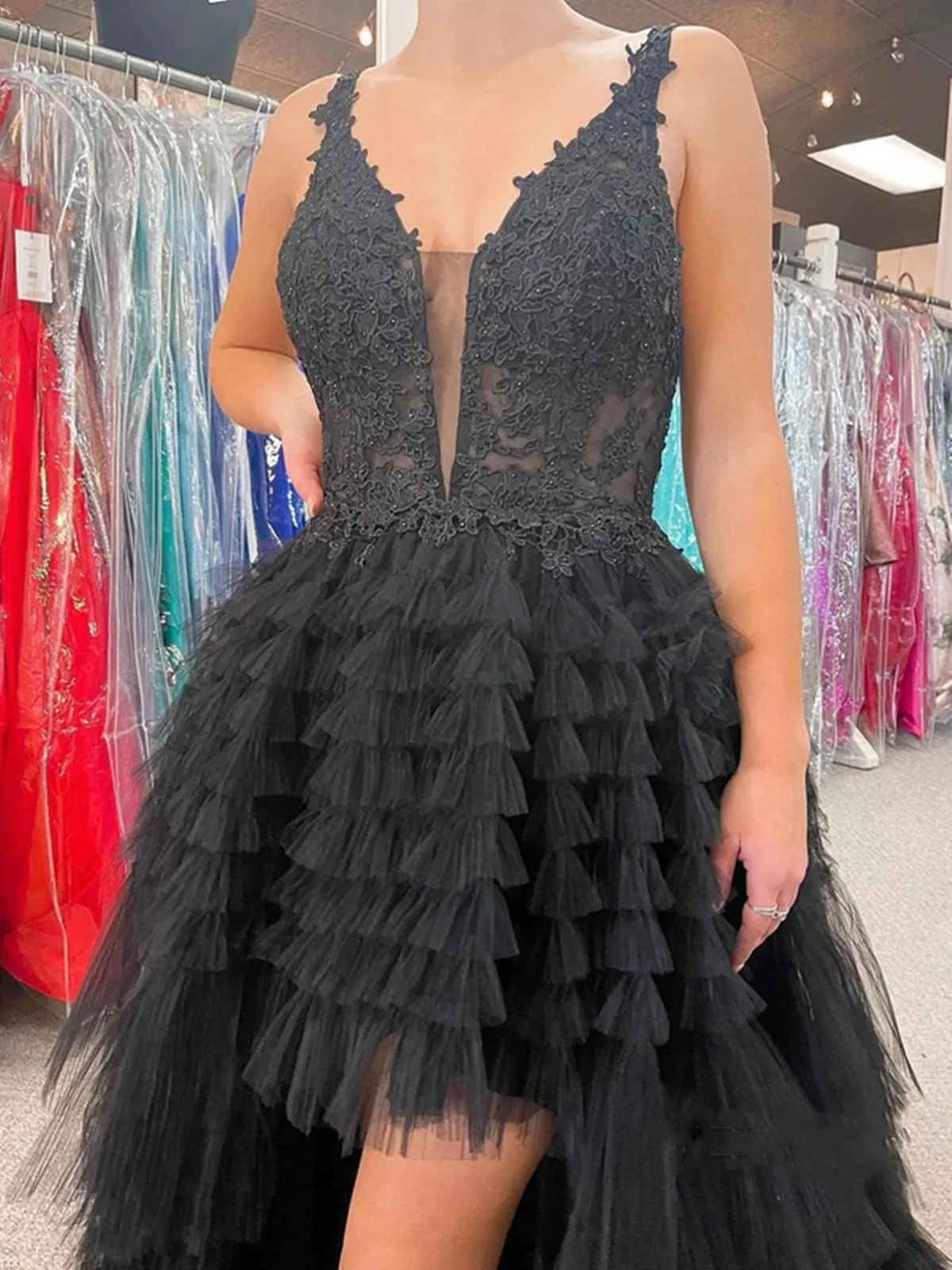 High Low A-line V-neck Tulle Prom Dress Black Formal Evening Dresses