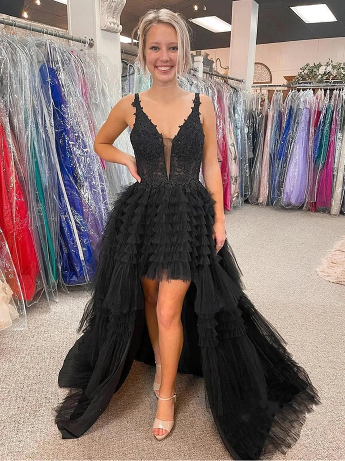 High Low A-line V-neck Tulle Prom Dress Black Formal Evening Dresses