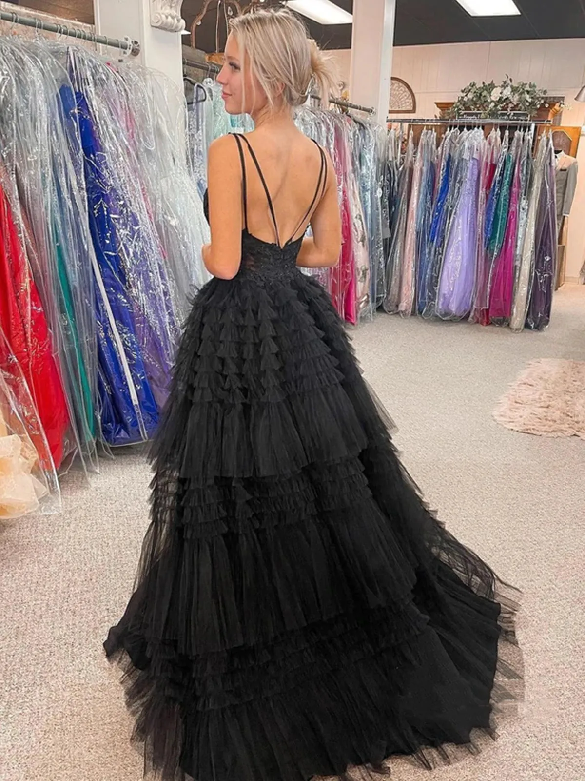 High Low A-line V-neck Tulle Prom Dress Black Formal Evening Dresses