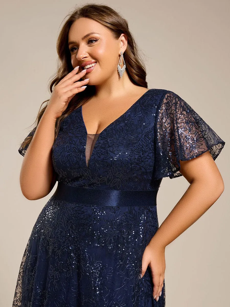 Illusion V-neck Short Sleeve Sequin Formal Maxi Dress