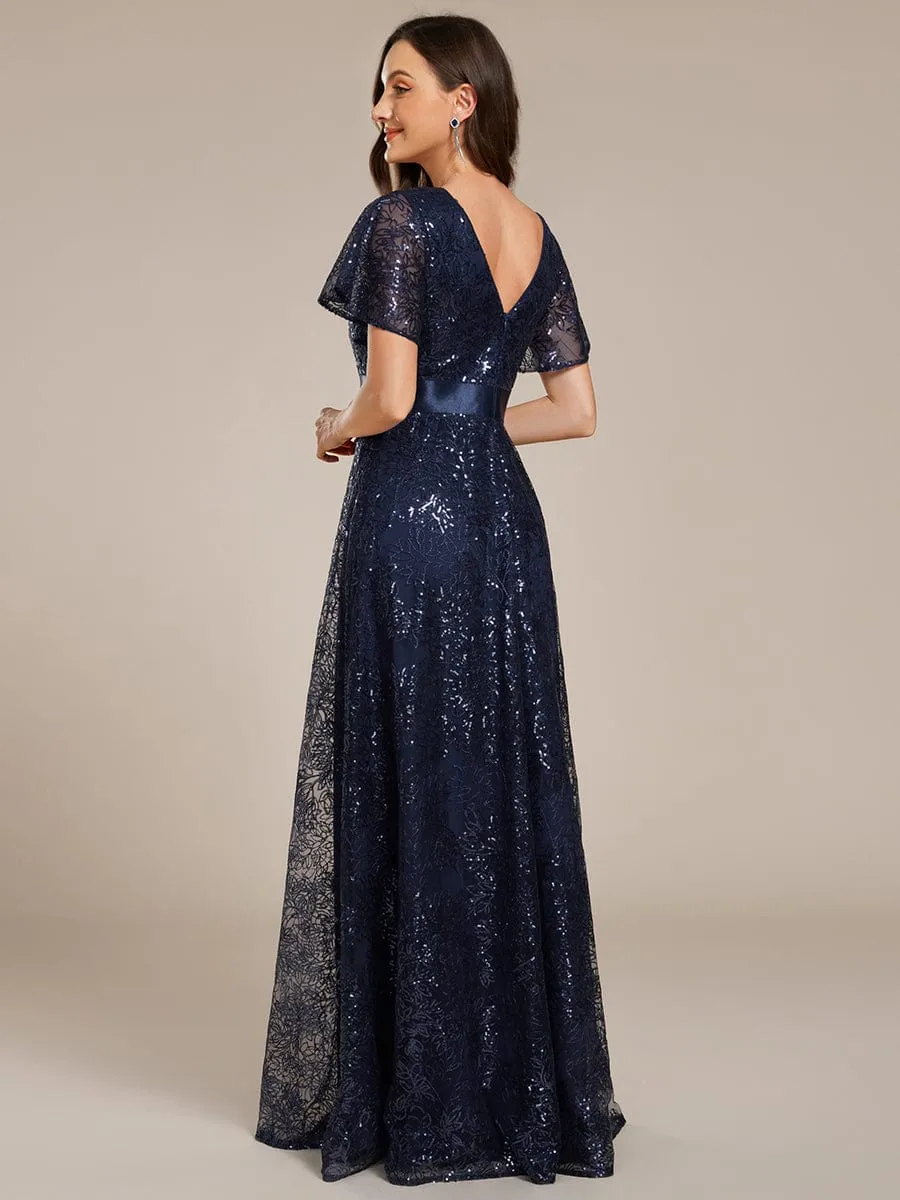 Illusion V-neck Short Sleeve Sequin Formal Maxi Dress