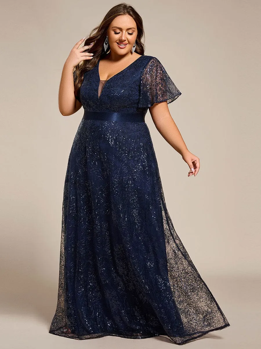 Illusion V-neck Short Sleeve Sequin Formal Maxi Dress