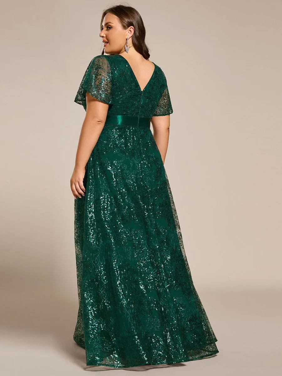 Illusion V-neck Short Sleeve Sequin Formal Maxi Dress