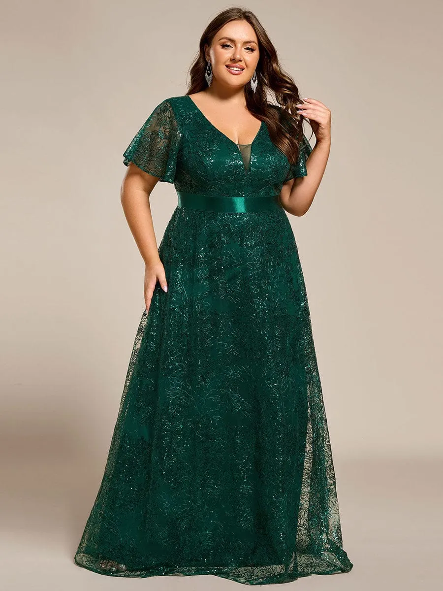 Illusion V-neck Short Sleeve Sequin Formal Maxi Dress