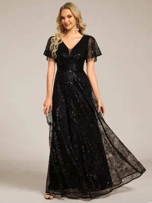 Illusion V-neck Short Sleeve Sequin Formal Maxi Dress