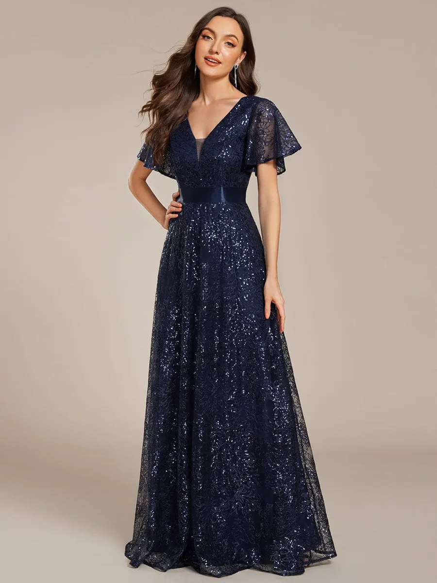 Illusion V-neck Short Sleeve Sequin Formal Maxi Dress