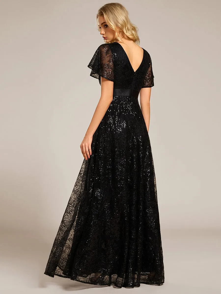 Illusion V-neck Short Sleeve Sequin Formal Maxi Dress