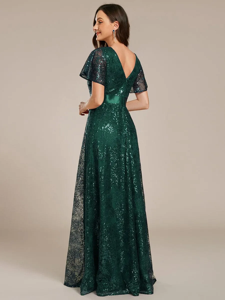 Illusion V-neck Short Sleeve Sequin Formal Maxi Dress