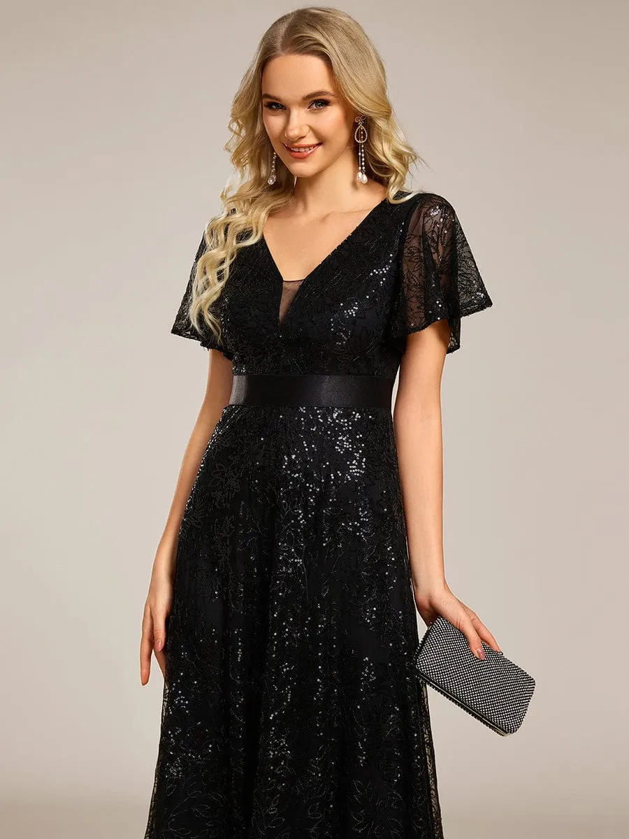 Illusion V-neck Short Sleeve Sequin Formal Maxi Dress