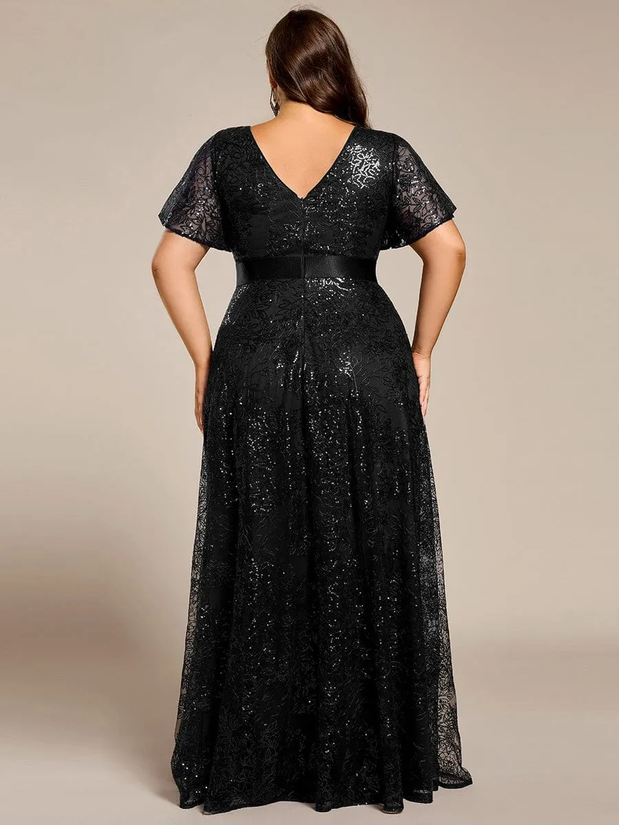 Illusion V-neck Short Sleeve Sequin Formal Maxi Dress