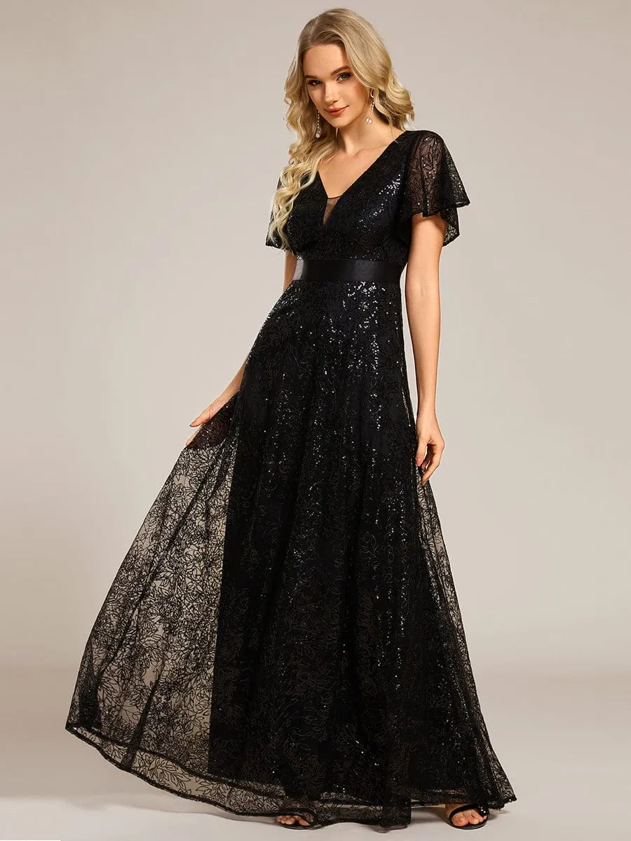 Illusion V-neck Short Sleeve Sequin Formal Maxi Dress