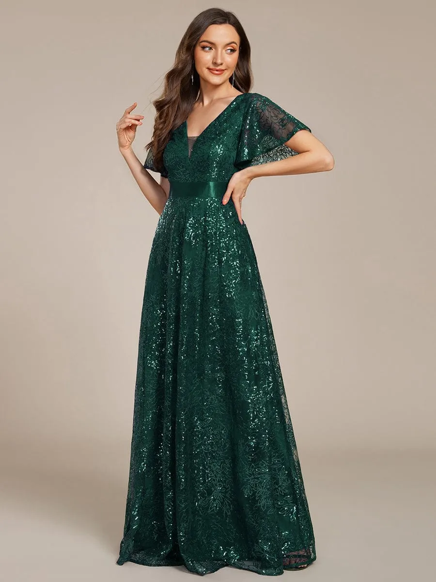 Illusion V-neck Short Sleeve Sequin Formal Maxi Dress