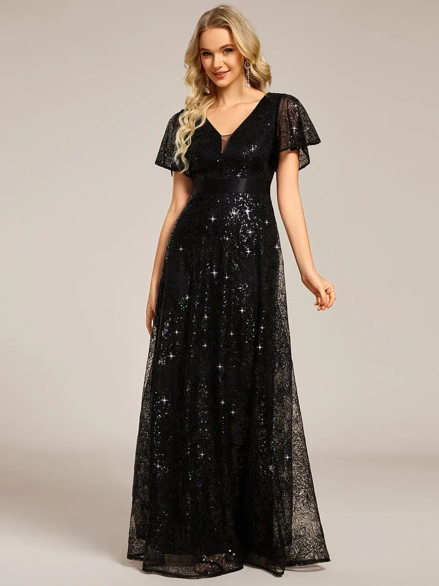 Illusion V-neck Short Sleeve Sequin Formal Maxi Dress