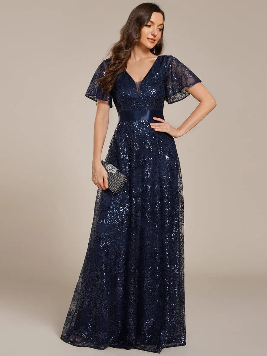 Illusion V-neck Short Sleeve Sequin Formal Maxi Dress