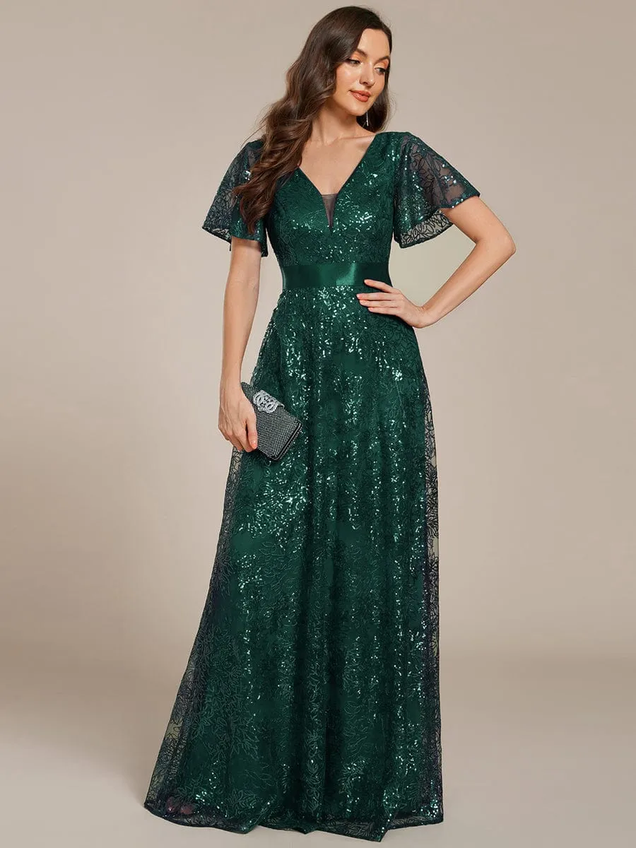 Illusion V-neck Short Sleeve Sequin Formal Maxi Dress