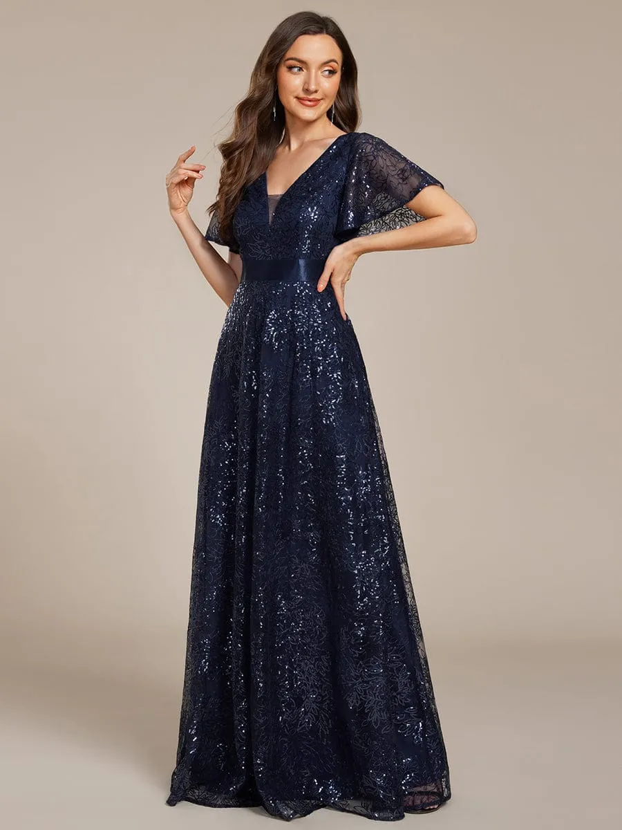 Illusion V-neck Short Sleeve Sequin Formal Maxi Dress