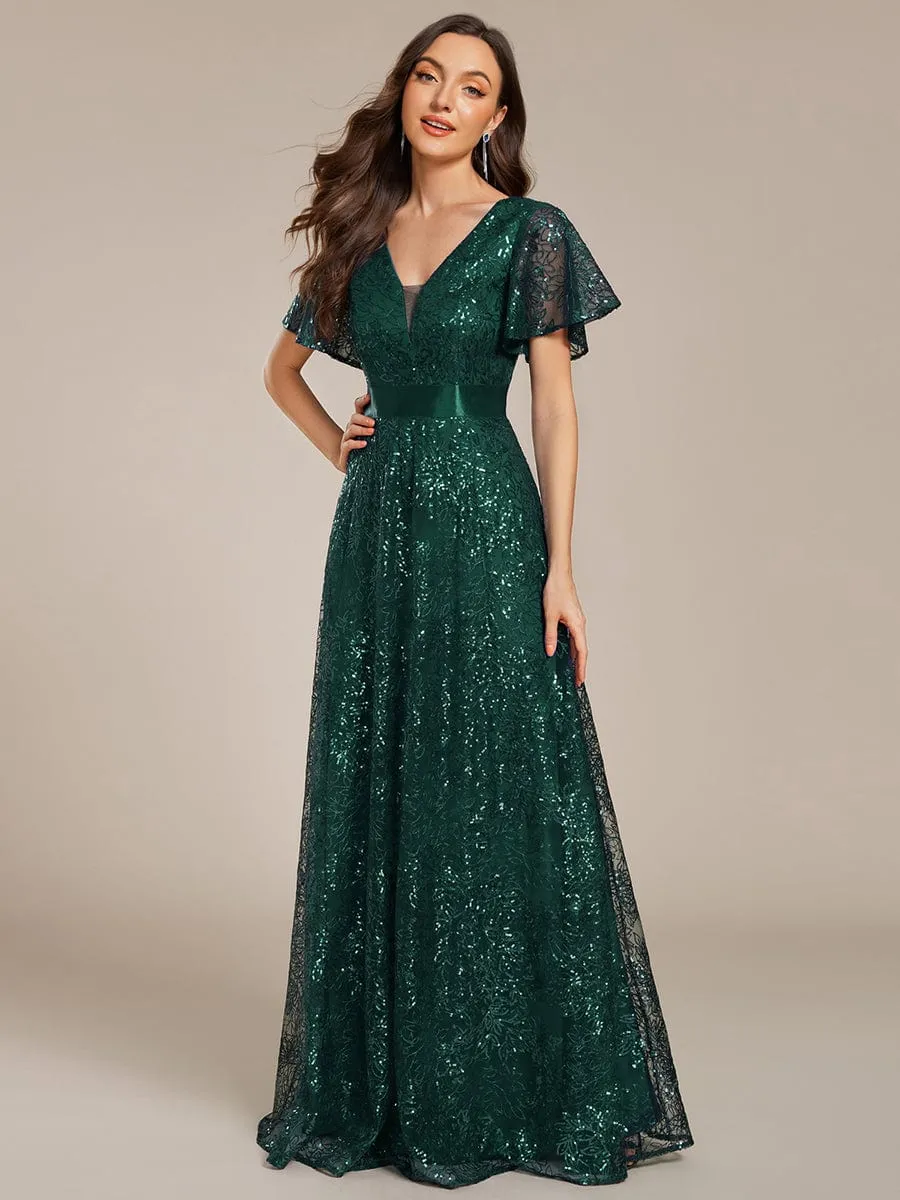 Illusion V-neck Short Sleeve Sequin Formal Maxi Dress