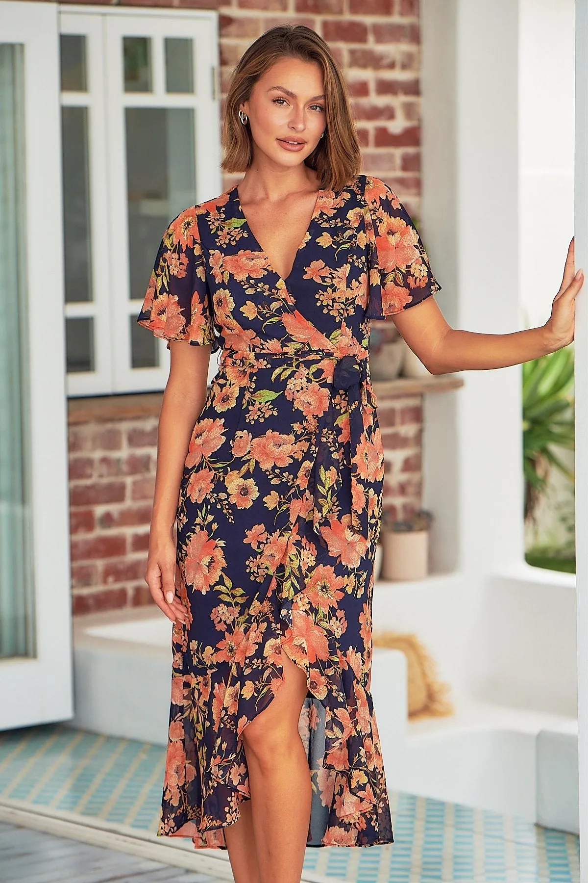 Kara Floral Navy Orange Chiffon X/Over Maxi Dress