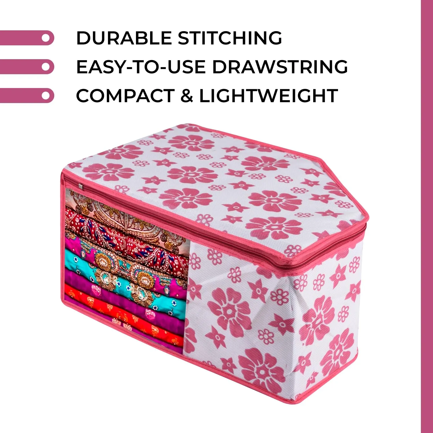 Kuber Industries Saree Cover & Blouse Cover Set | Saree & Blouse Organizer Combo Set | 3 Pieces Blouse & 3 Pieces Saree Cover Set | Zipper Closure | Flower-Design | Set of 6 | Pink