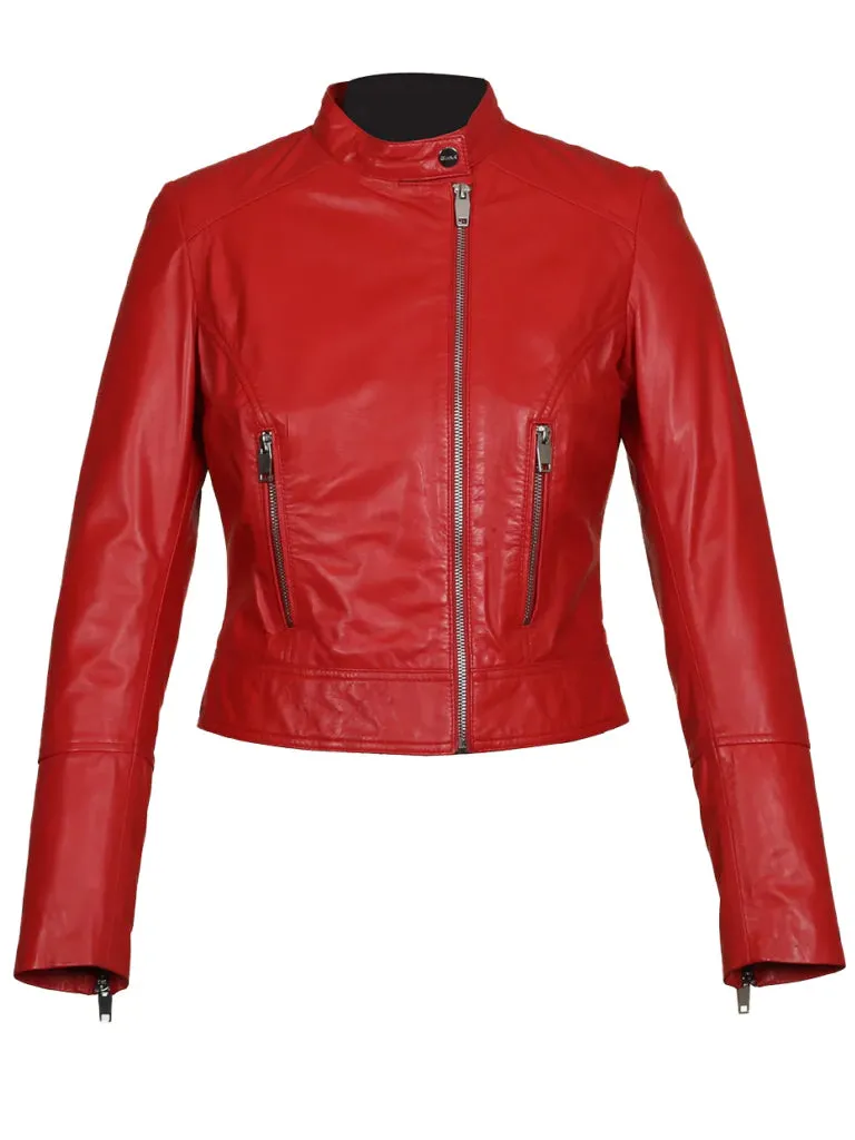 Lapel Style Red Biker Genuine Leather Jacket