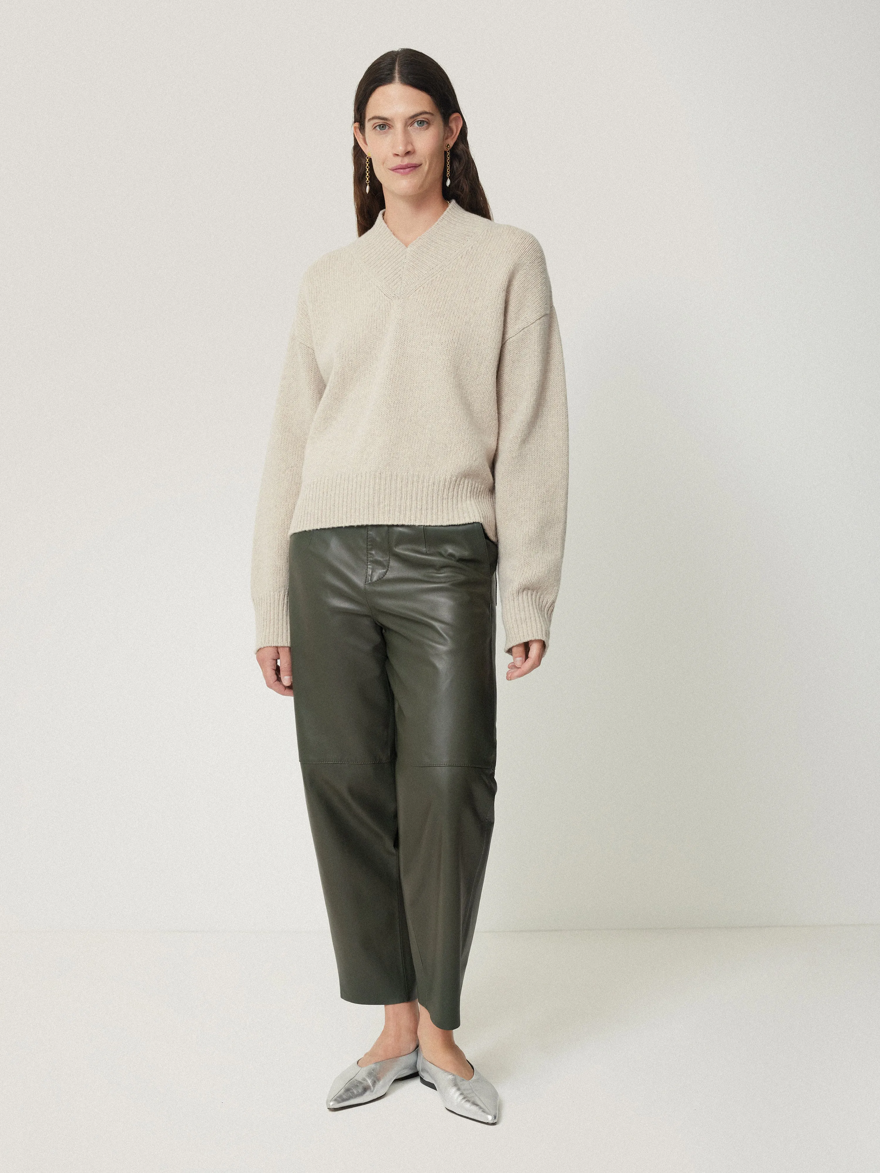 Leather Barrel Leg Trouser | Green