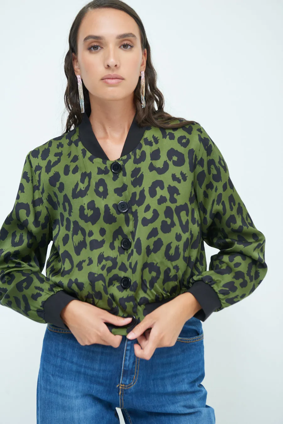 Leopard print button-up bomber jacket wholesale