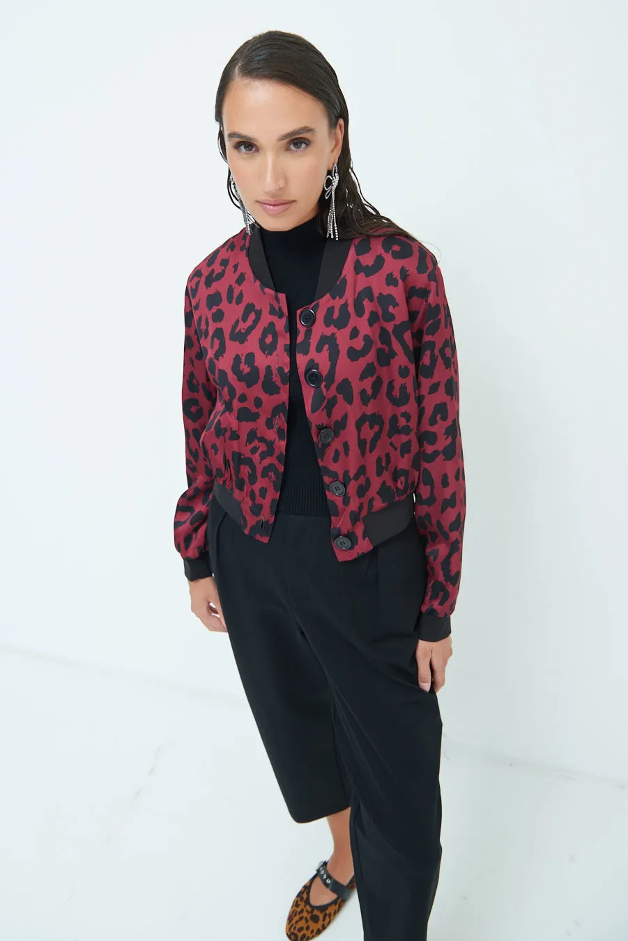 Leopard print button-up bomber jacket wholesale