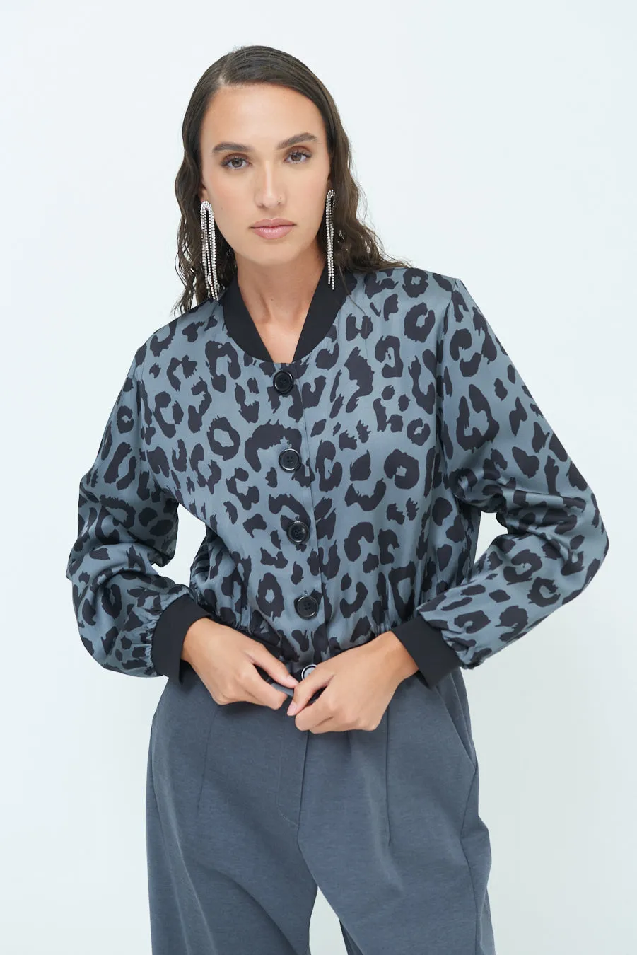 Leopard print button-up bomber jacket wholesale