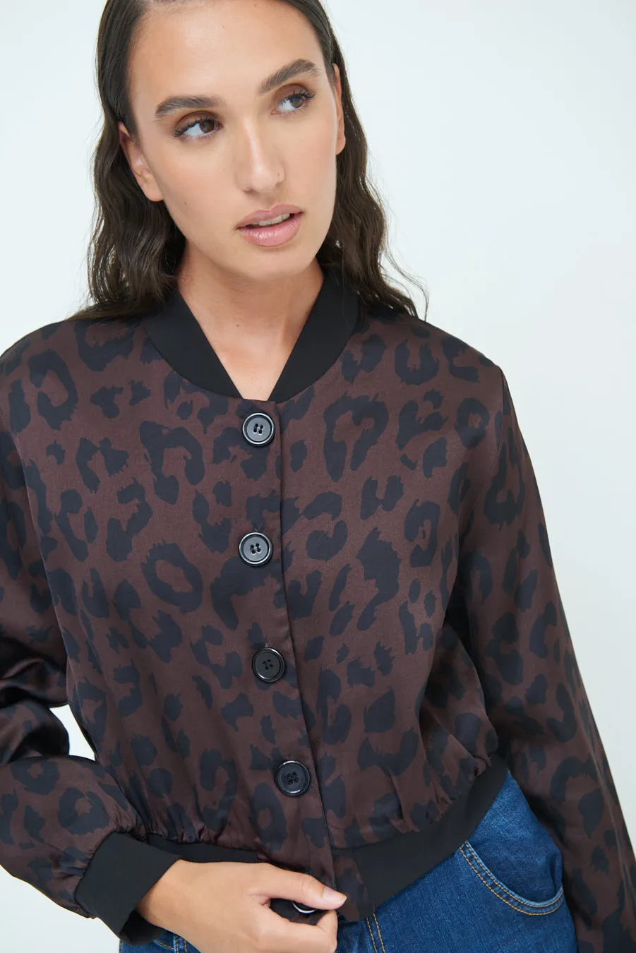 Leopard print button-up bomber jacket wholesale