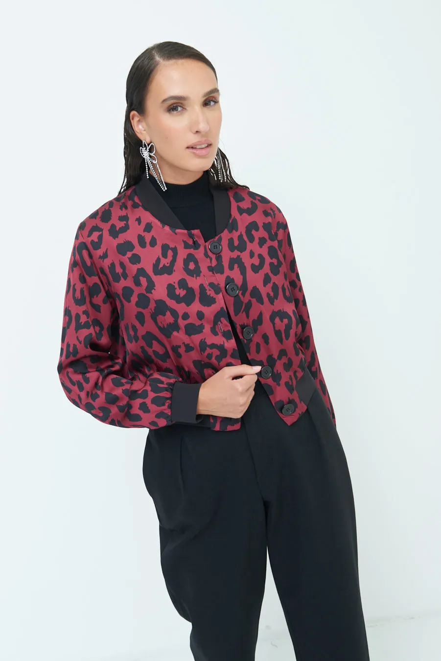 Leopard print button-up bomber jacket wholesale