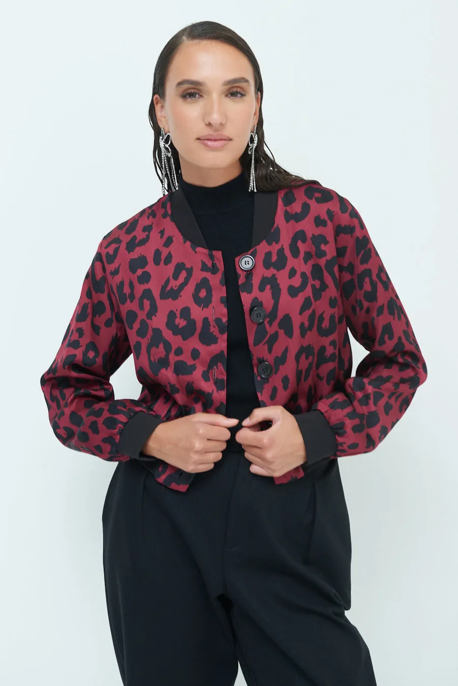 Leopard print button-up bomber jacket wholesale