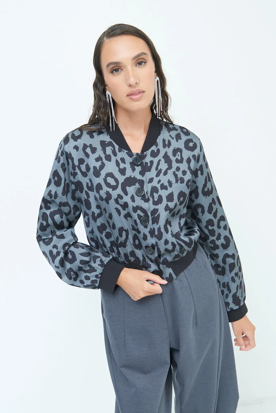 Leopard print button-up bomber jacket wholesale