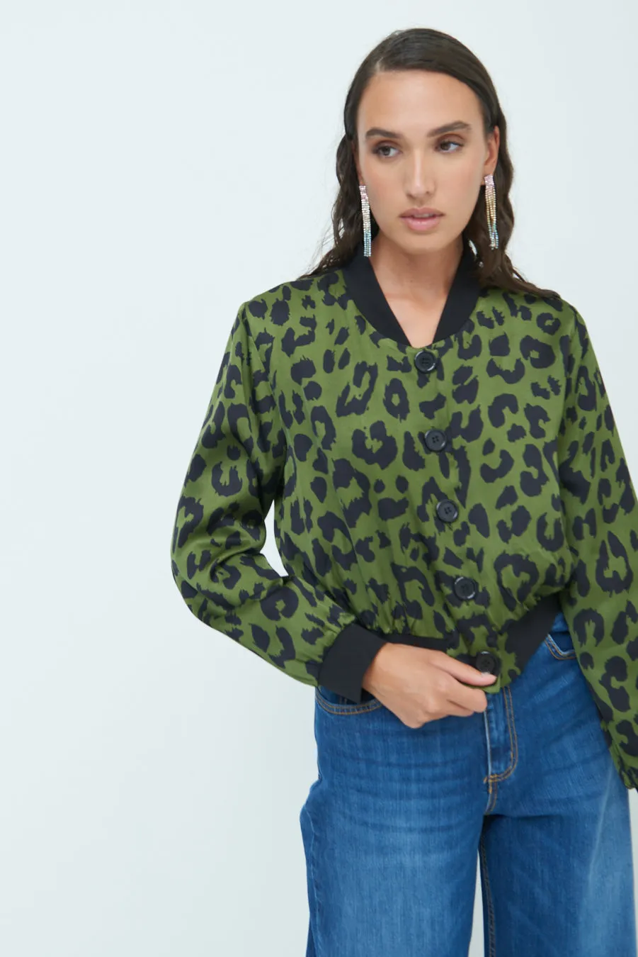 Leopard print button-up bomber jacket wholesale