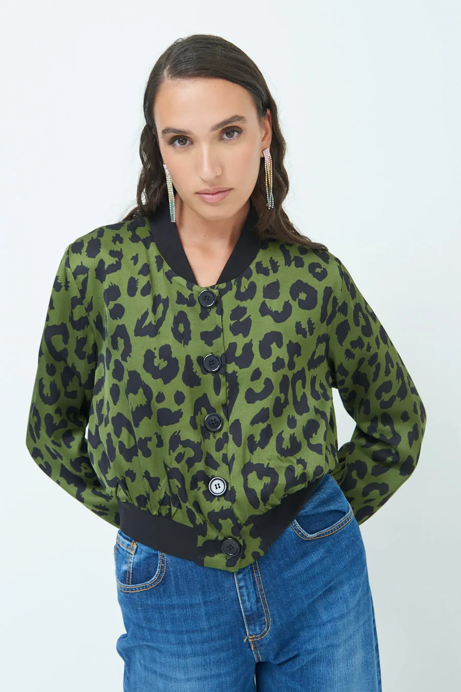 Leopard print button-up bomber jacket wholesale