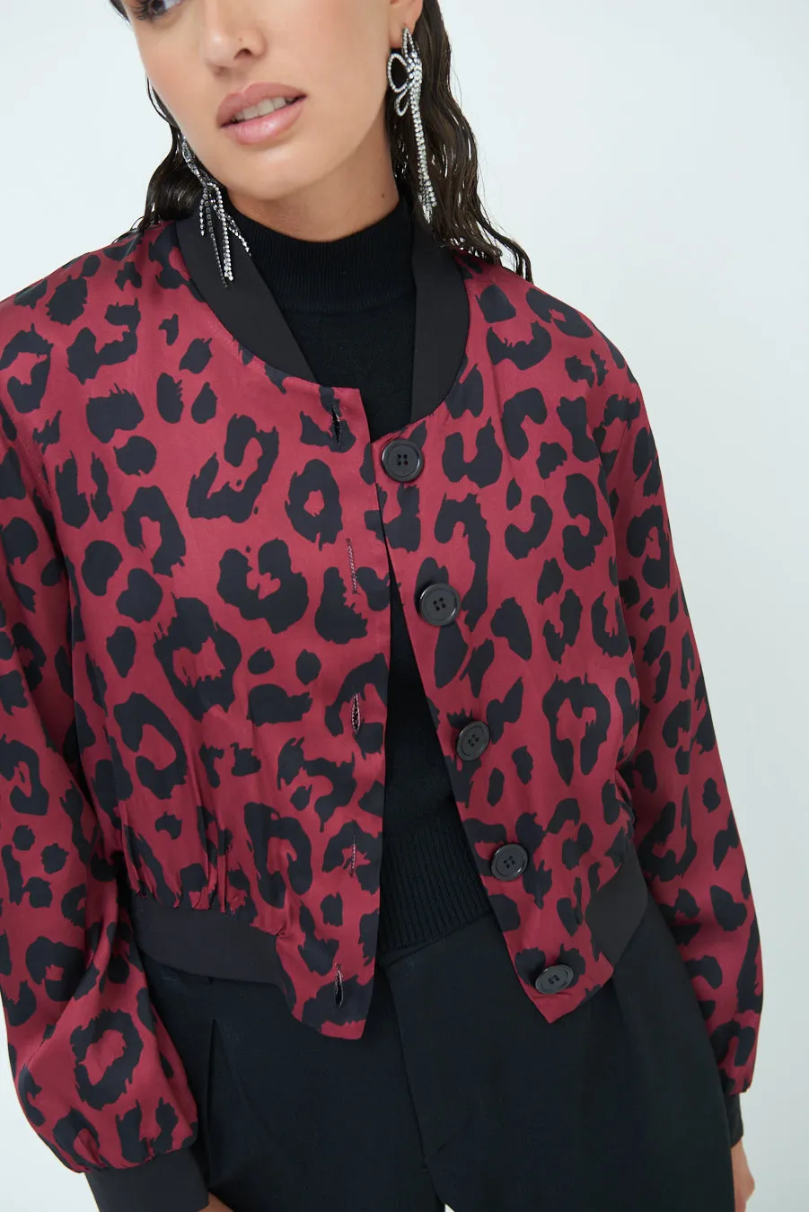 Leopard print button-up bomber jacket wholesale