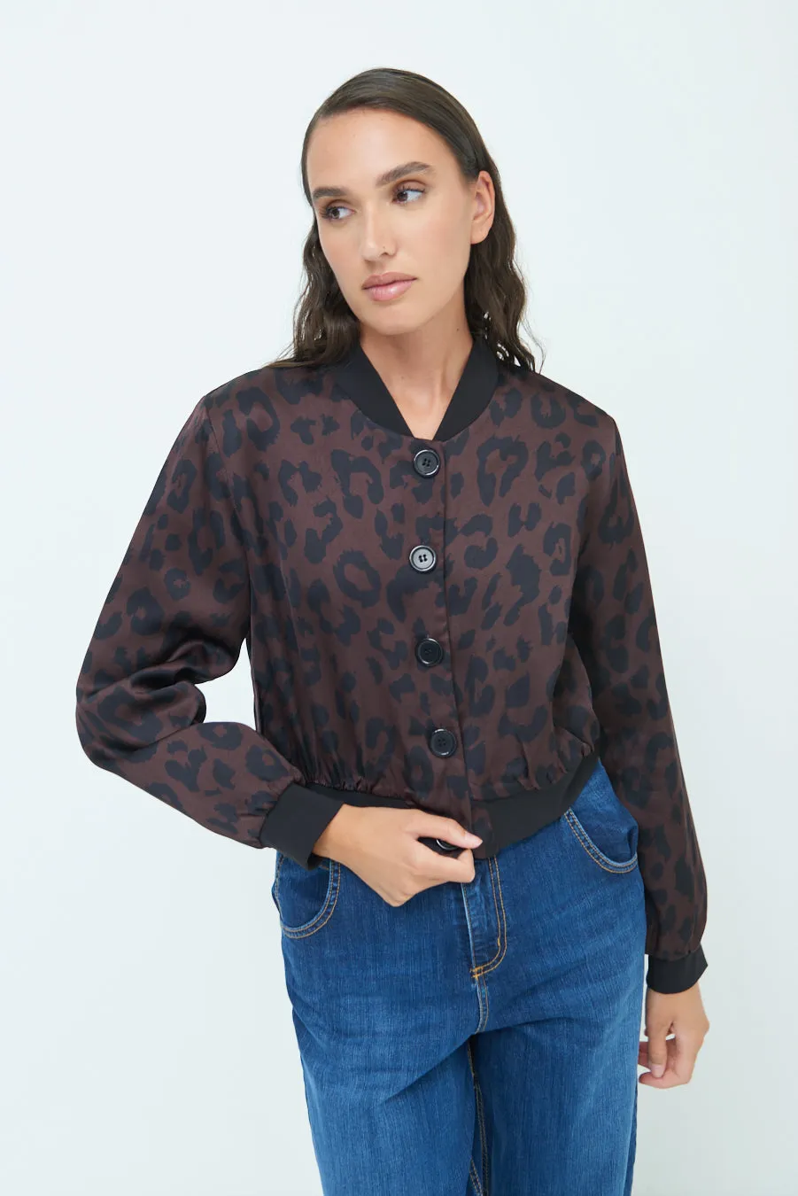 Leopard print button-up bomber jacket wholesale