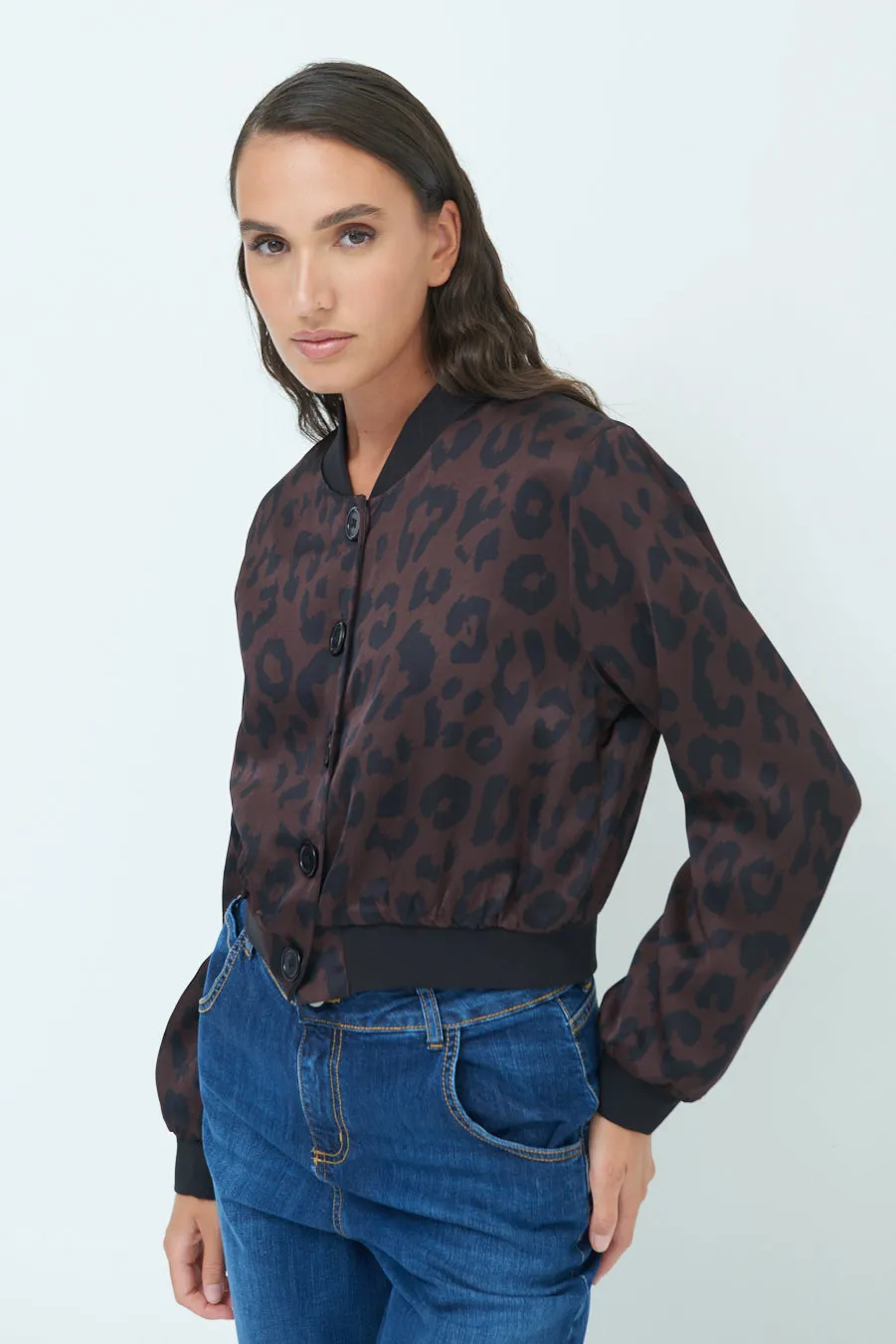 Leopard print button-up bomber jacket wholesale