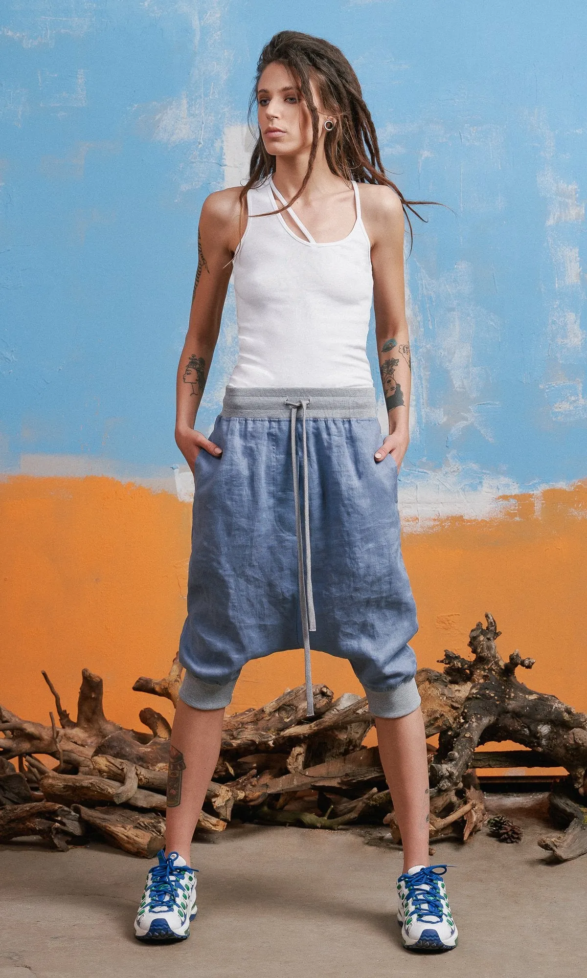 Linen Drop Crotch Jogger Pants