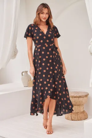 Marigold Polka Dot Black/Brown Wrap Maxi Dress