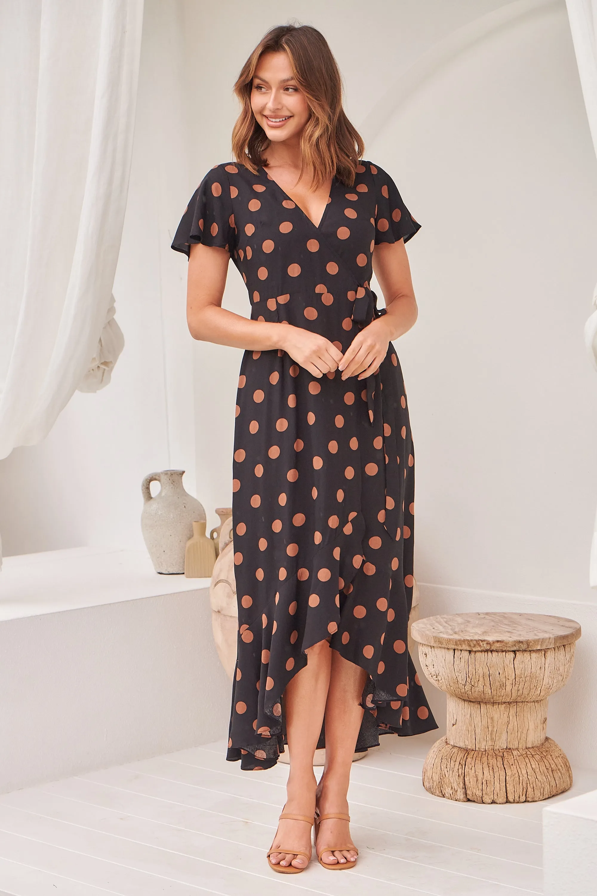 Marigold Polka Dot Black/Brown Wrap Maxi Dress