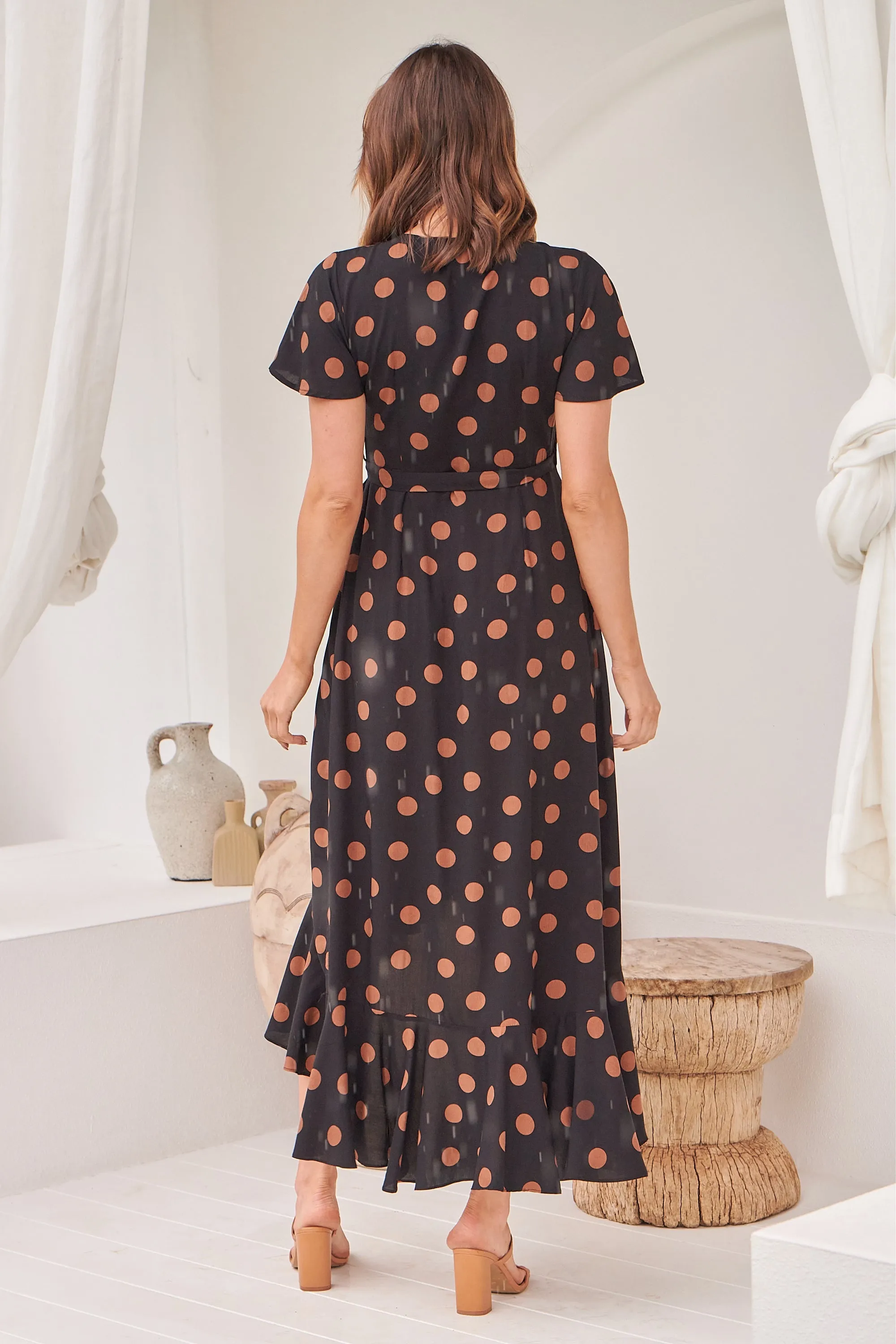 Marigold Polka Dot Black/Brown Wrap Maxi Dress